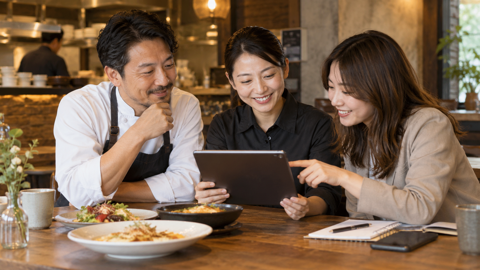 餐飲企業老闆與團隊在店內共同檢視平板上的工作成果
