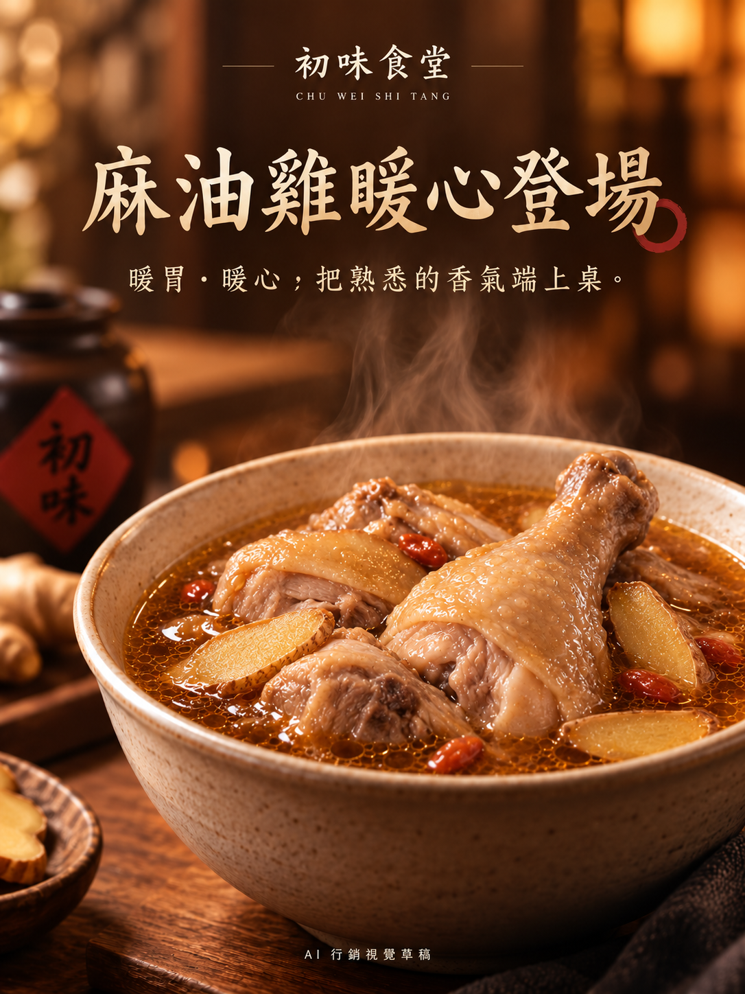初味食堂麻油雞兩週宣傳的 AI 行銷視覺草稿