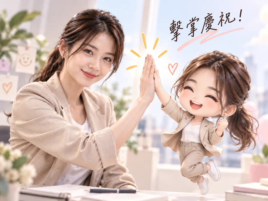 故事收尾示意：真人與迷你 Q版分身擊掌慶祝