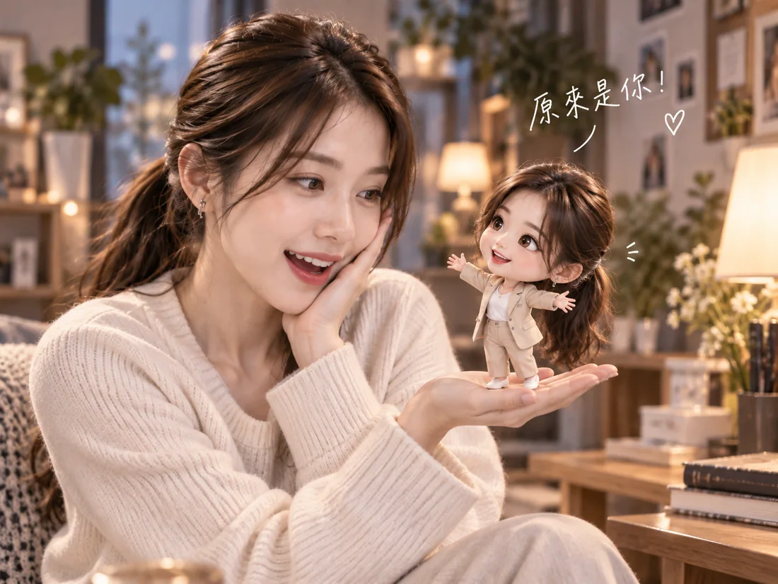故事開場示意：真人驚喜遇見自己的迷你 Q版分身